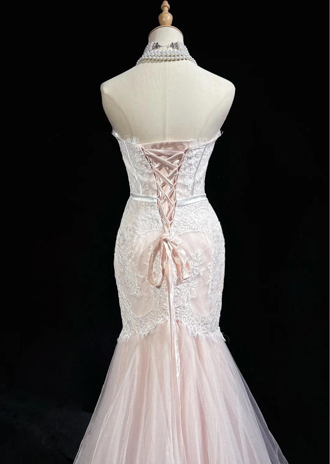 Light Pink Strapless Mermaid Tulle Lace Long Prom Dress Sweetheart Neckline Formal Dress ED01762