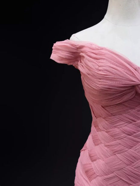 Pink Mermaid Off-the-shoulder Tulle Long Prom Dress Adult Ceremony Dress ED01764