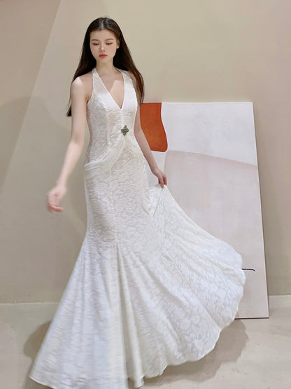 White Mermaid V-neck Velvet Chiffon Prom Dress ED01767