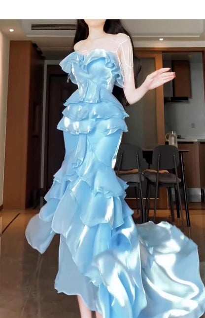 Blue Mermaid Strapless Long Ruffled Prom Dress ED01768