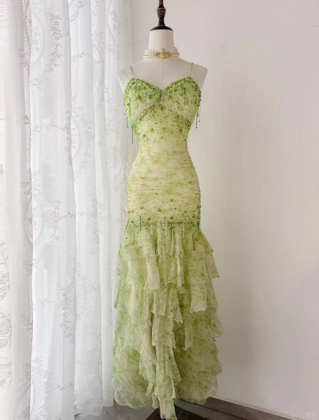 Fairytale Green Mermaid Vintage Party Dresses Sweetheart Chiffon Beaded Layed  Prom Dresses ED01769