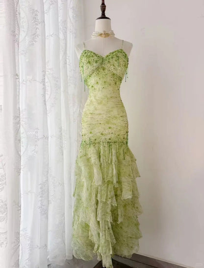 Fairytale Green Mermaid Vintage Party Dresses Sweetheart Chiffon Beaded Layed  Prom Dresses ED01769