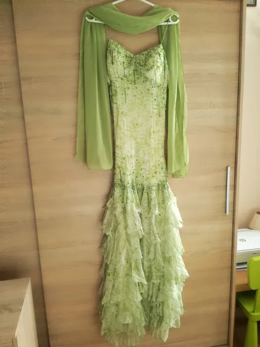 Fairytale Green Mermaid Vintage Party Dresses Sweetheart Chiffon Beaded Layed  Prom Dresses ED01769