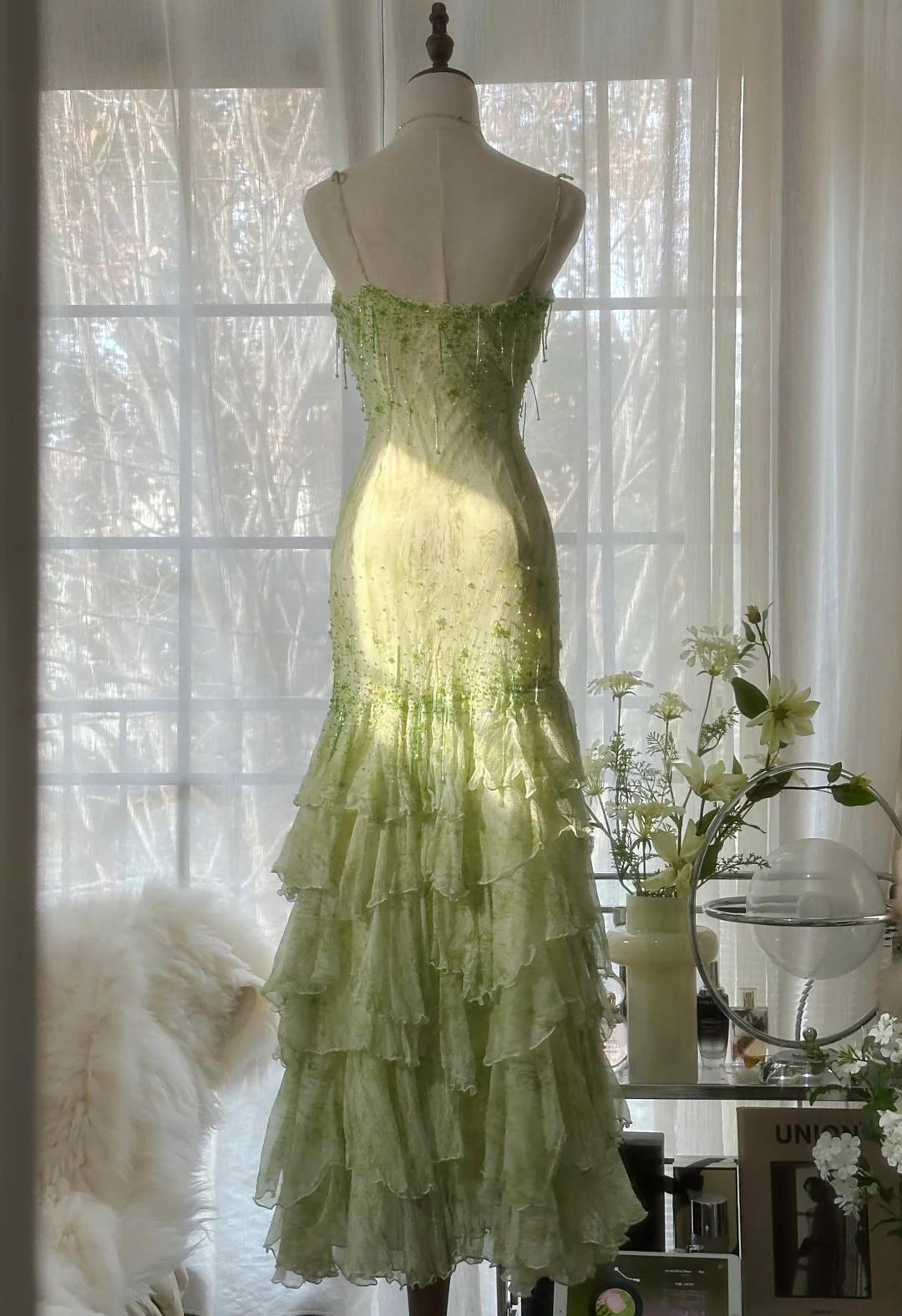 Fairytale Green Mermaid Vintage Party Dresses Sweetheart Chiffon Beaded Layed  Prom Dresses ED01769
