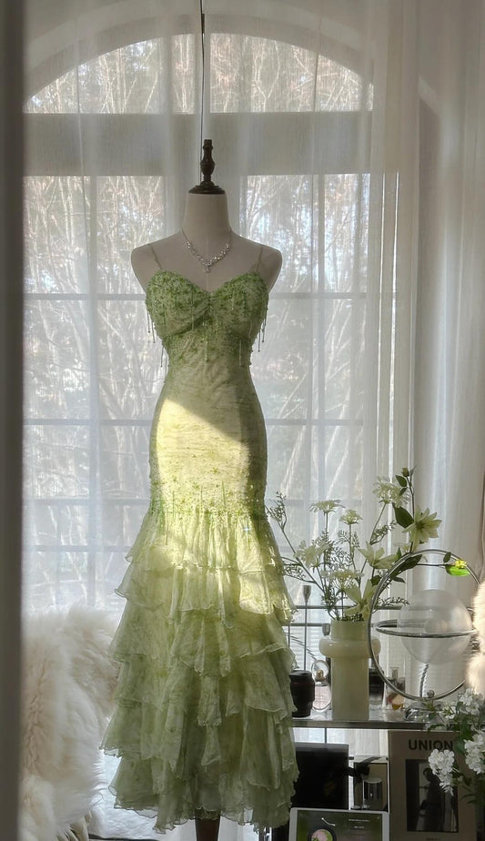 Fairytale Green Mermaid Vintage Party Dresses Sweetheart Chiffon Beaded Layed  Prom Dresses ED01769