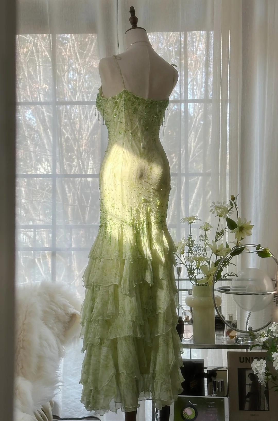 Fairytale Green Mermaid Vintage Party Dresses Sweetheart Chiffon Beaded Layed  Prom Dresses ED01769
