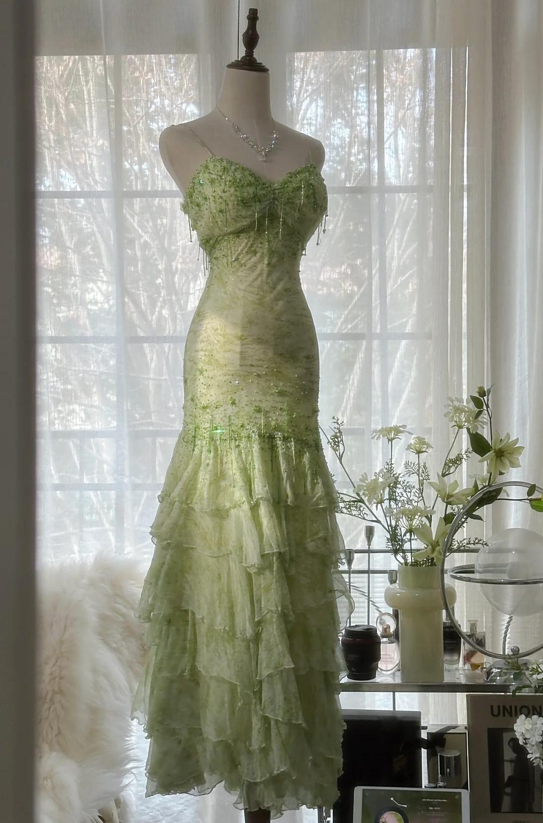 Fairytale Green Mermaid Vintage Party Dresses Sweetheart Chiffon Beaded Layed  Prom Dresses ED01769