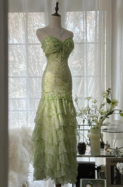 Fairytale Green Mermaid Vintage Party Dresses Sweetheart Chiffon Beaded Layed  Prom Dresses ED01769