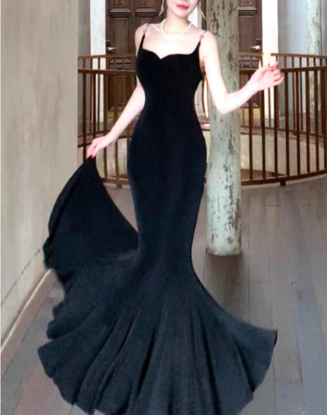 Elegant Spaghetti Strap Black Mermaid Backless Prom Dress ED01770