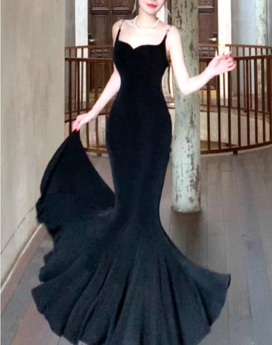 Elegant Spaghetti Strap Black Mermaid Backless Prom Dress ED01770