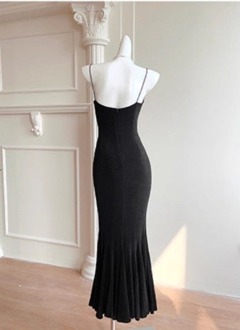 Elegant Spaghetti Strap Black Mermaid Backless Prom Dress ED01770