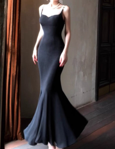 Elegant Spaghetti Strap Black Mermaid Backless Prom Dress ED01770