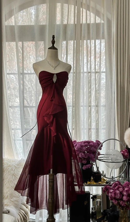 Vintage Red Mermaid Strapless Chiffon Prom Dress Graduation Prom Dress ED01775