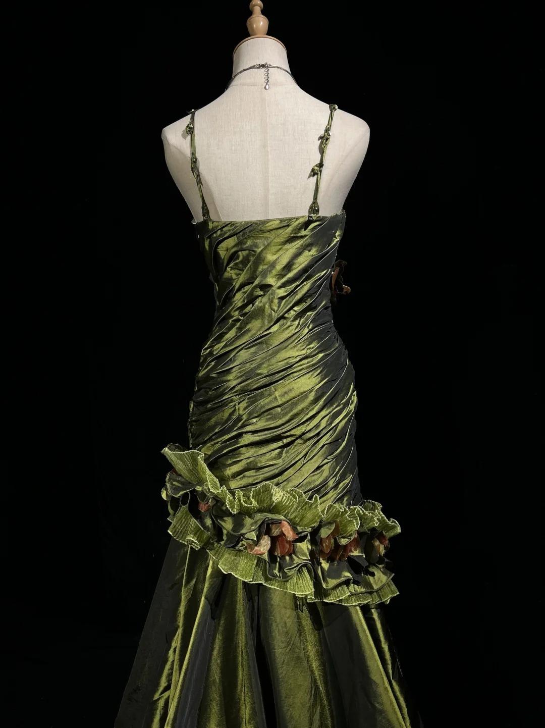 Dark Green Retro Mermaid Irregular Neckline Satin Beaded Long Prom Dress Birthday Graduation Prom Dress ED01776