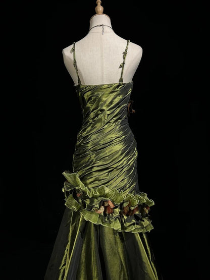 Dark Green Retro Mermaid Irregular Neckline Satin Beaded Long Prom Dress Birthday Graduation Prom Dress ED01776