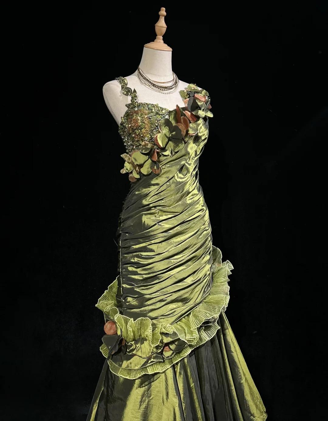 Dark Green Retro Mermaid Irregular Neckline Satin Beaded Long Prom Dress Birthday Graduation Prom Dress ED01776