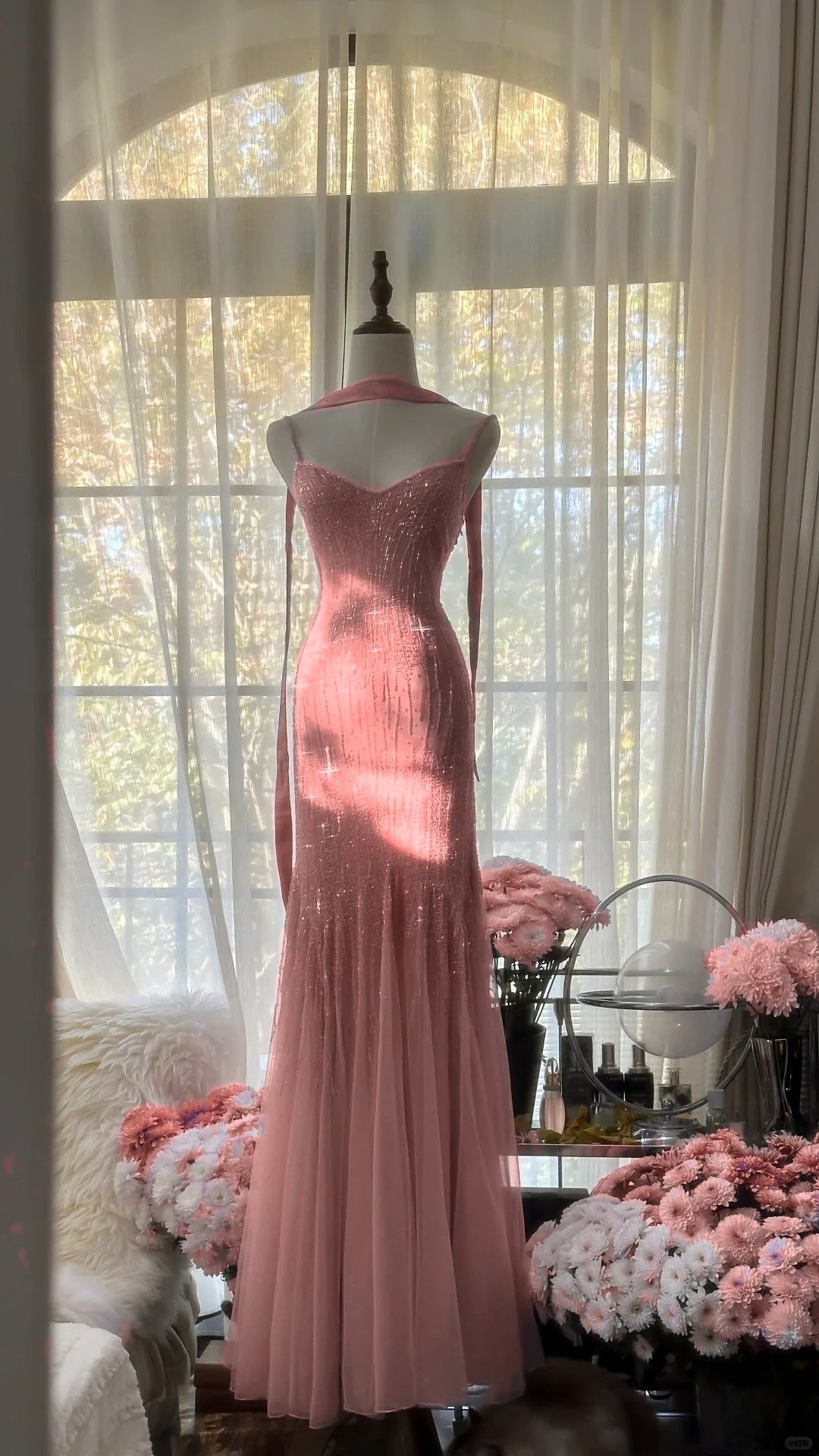 Sparkly  Spaghetti Straps  Party Dresses Sparking Beaded Mermaid Tulle Chiffon Long Prom Dresses  ED01778