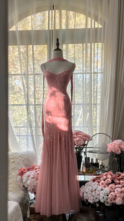 Sparkly  Spaghetti Straps  Party Dresses Sparking Beaded Mermaid Tulle Chiffon Long Prom Dresses  ED01778