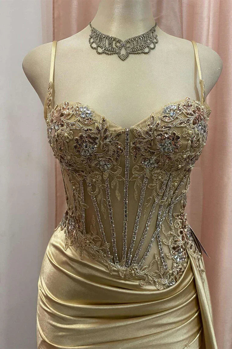 Sage Green Spaghetti Straps Sequins Mermaid Appliqued Prom Dress With Split ED01779
