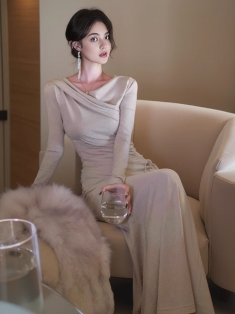 French style drawstring waist long sleeve fishtail dress ED0177