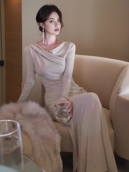 French style drawstring waist long sleeve fishtail dress ED0177