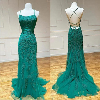 Sky Blue A-Line Spaghetti Strap Backless Elegant Tulle Applique Long Prom Dress ED01780