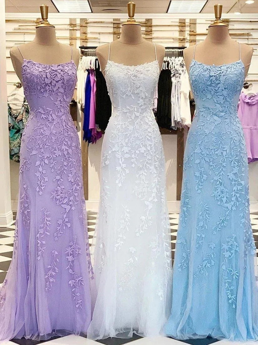 Sky Blue A-Line Spaghetti Strap Backless Elegant Tulle Applique Long Prom Dress ED01780