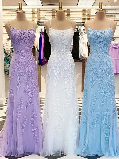 Sky Blue A-Line Spaghetti Strap Backless Elegant Tulle Applique Long Prom Dress ED01780