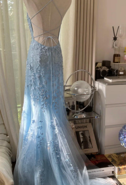 Sky Blue A-Line Spaghetti Strap Backless Elegant Tulle Applique Long Prom Dress ED01780