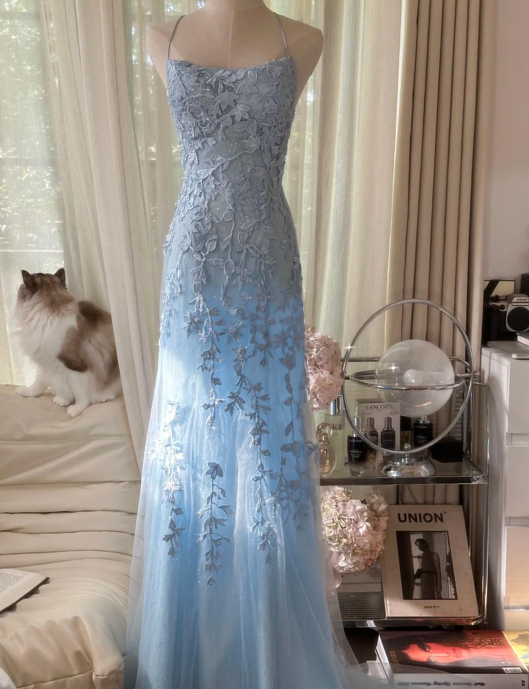 Sky Blue A-Line Spaghetti Strap Backless Elegant Tulle Applique Long Prom Dress ED01780
