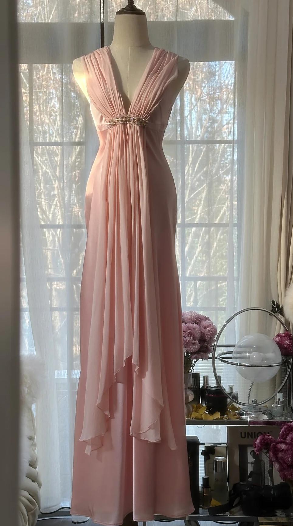 Gentle Pink Sheath Chiffon Ribbon V-neck Simple Prom Dress ED01782