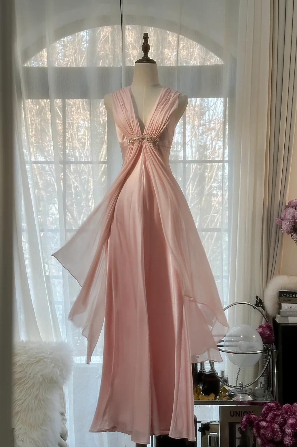Gentle Pink Sheath Chiffon Ribbon V-neck Simple Prom Dress ED01782