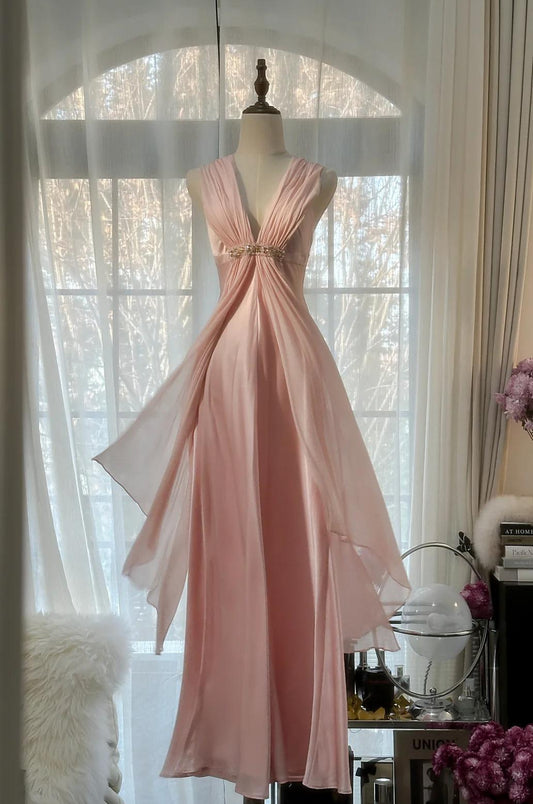 Gentle Pink Sheath Chiffon Ribbon V-neck Simple Prom Dress ED01782