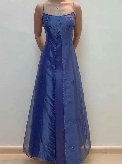 Vintage Spaghetti Strap Blue Tulle Beaded Prom Dress ED01783
