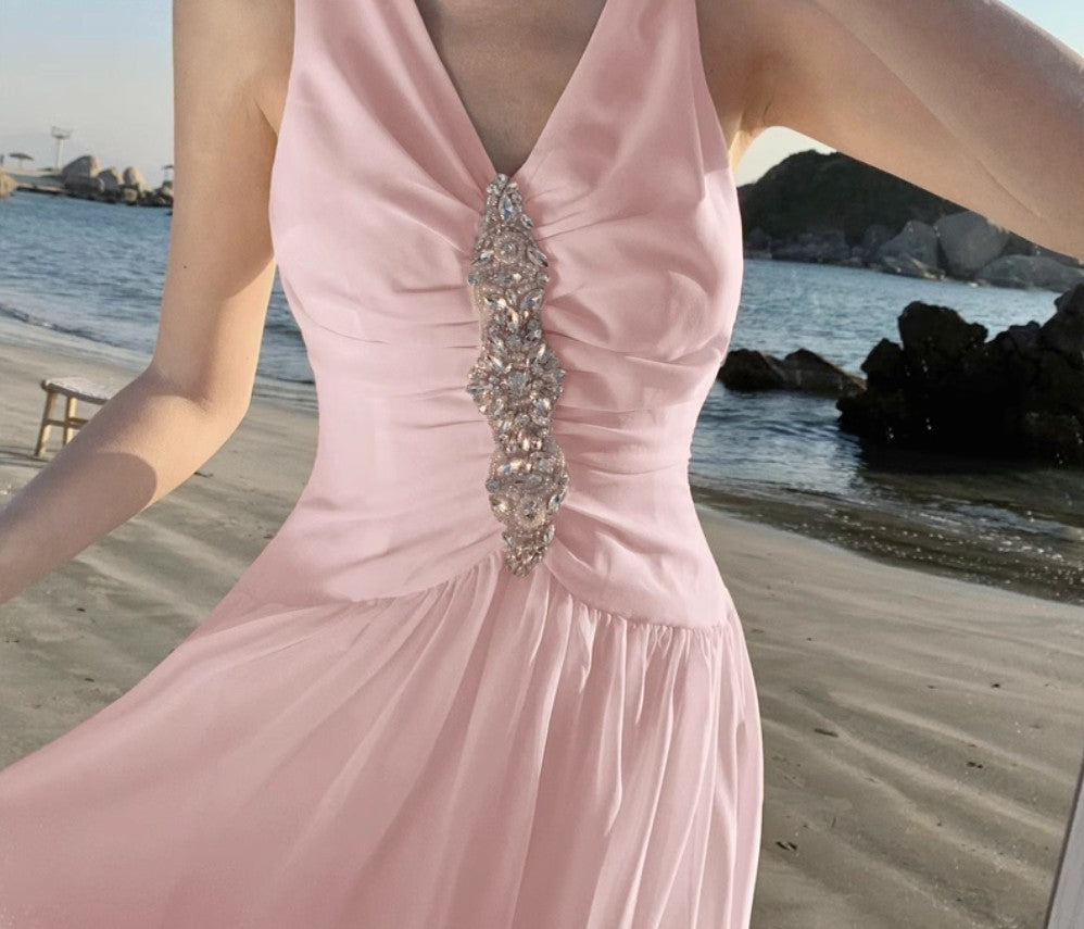 Pink V-neck A-Line Cute Birthday Prom Dress ED01784