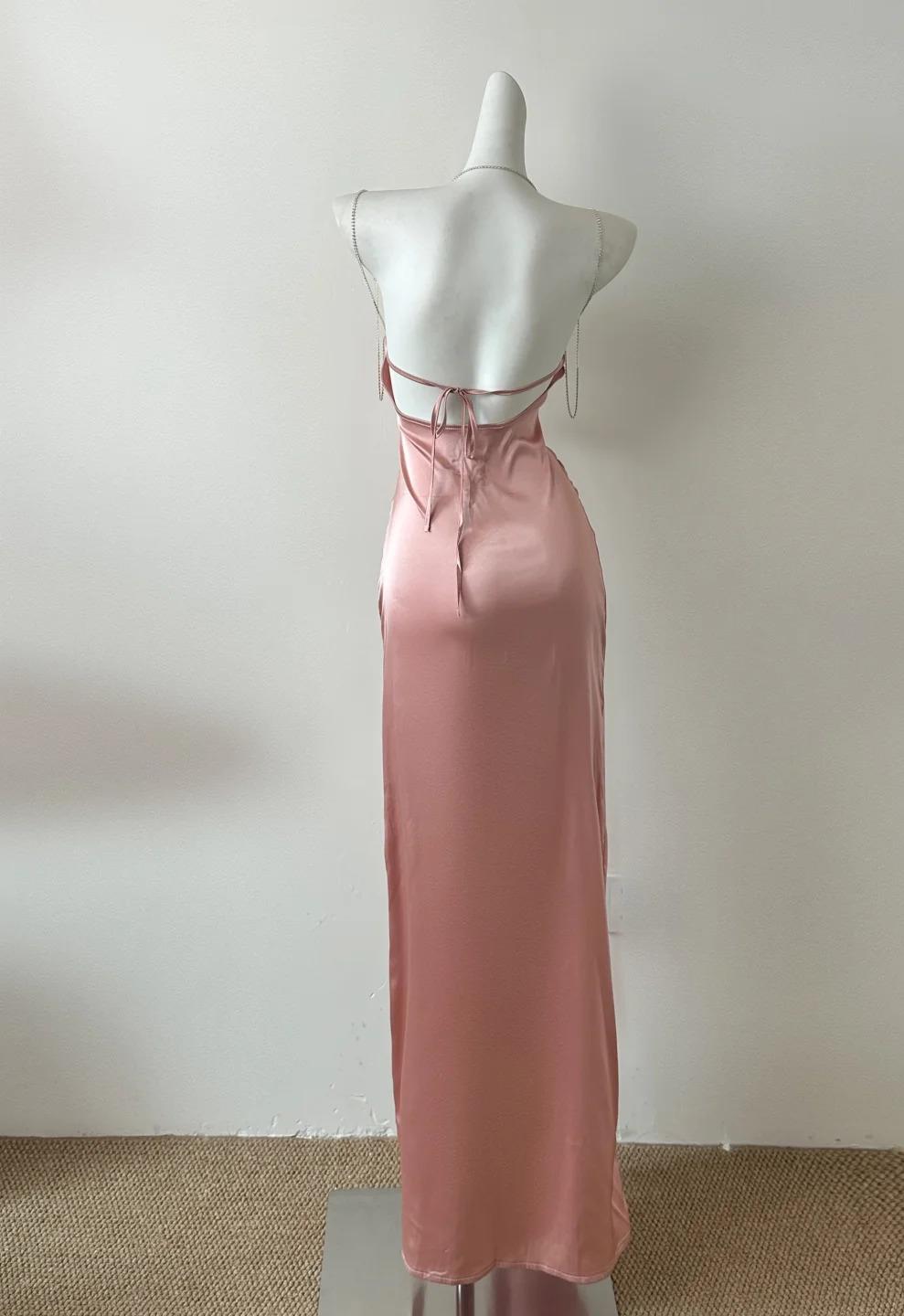 Peach Pink Diamond Spaghetti Strap Satin Bodycon Ball Dress ED01785