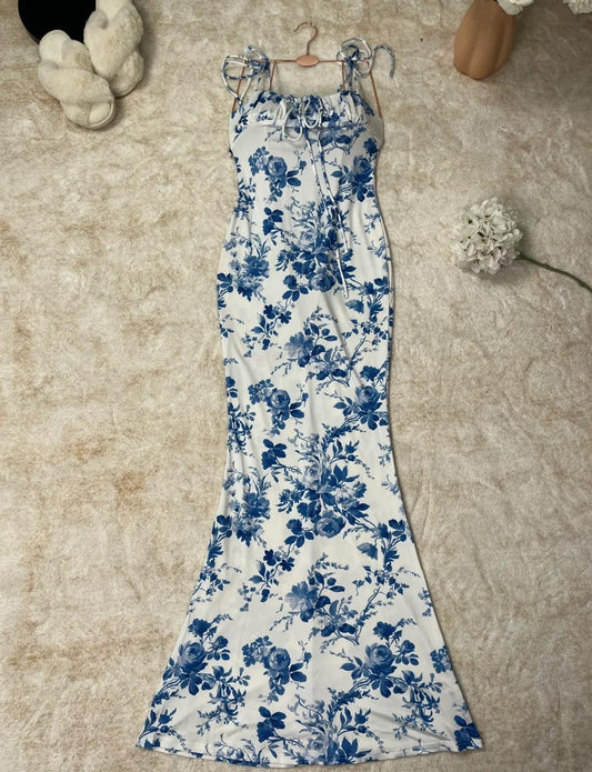 Gentle Print Spaghetti Strap Chiffon Mermaid Prom Dress ED01787