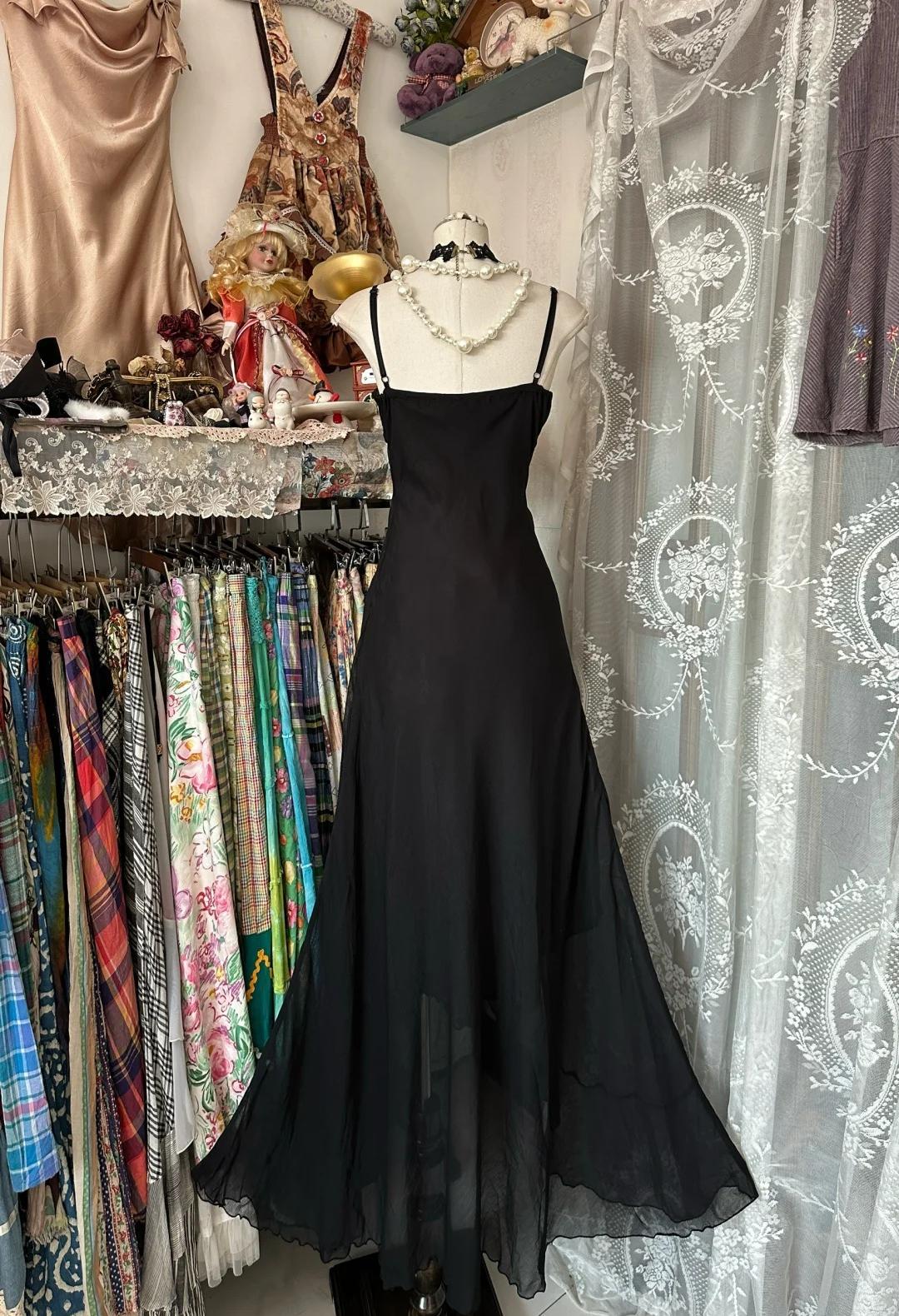 Elegant Black Chiffon Mermaid Party Dresses with Silt Spaghetti Straps Long Prom Dresses ED01788