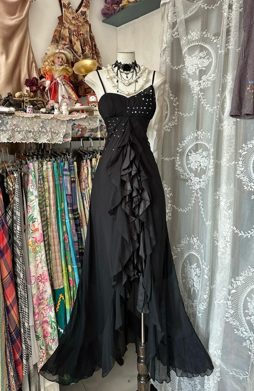 Elegant Black Chiffon Mermaid Party Dresses with Silt Spaghetti Straps Long Prom Dresses ED01788