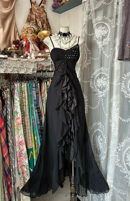 Elegant Black Chiffon Mermaid Party Dresses with Silt Spaghetti Straps Long Prom Dresses ED01788