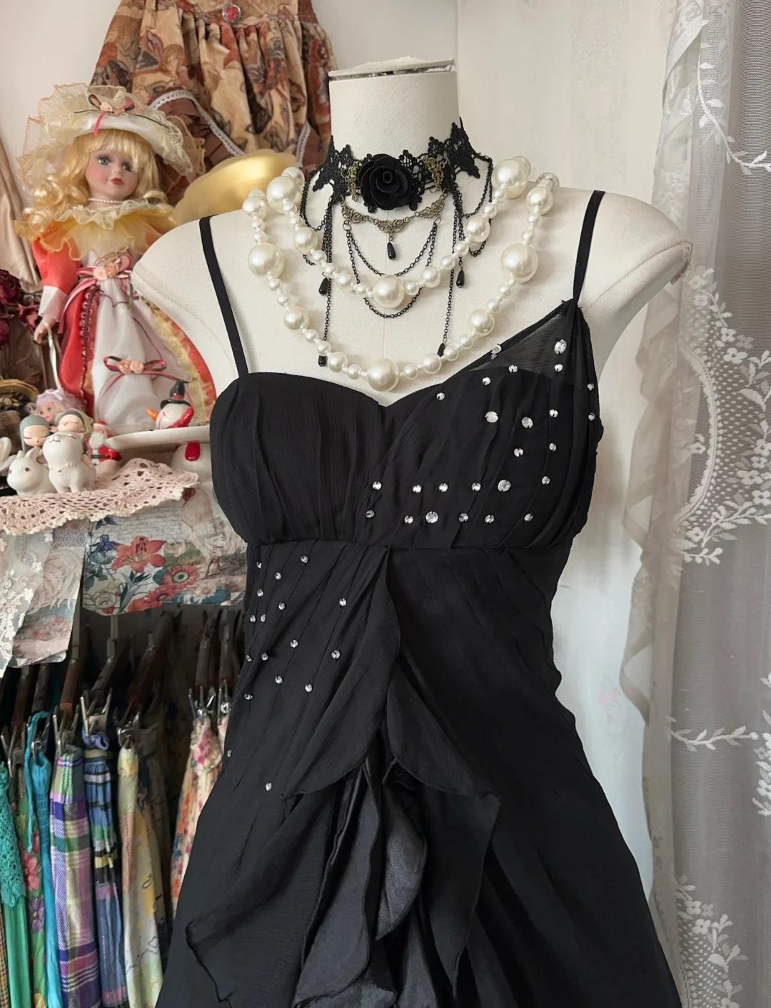 Elegant Black Chiffon Mermaid Party Dresses with Silt Spaghetti Straps Long Prom Dresses ED01788