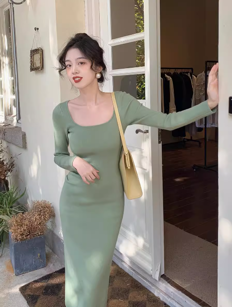 French retro square neck knitted dress ED0178