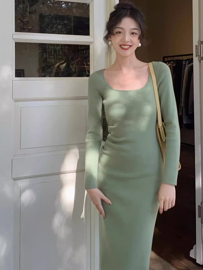 French retro square neck knitted dress ED0178