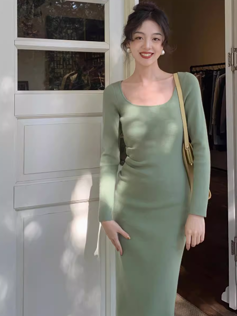 French retro square neck knitted dress ED0178