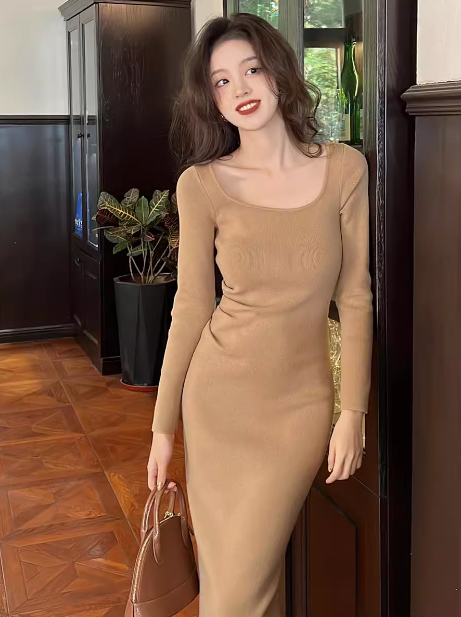 French retro square neck knitted dress ED0178