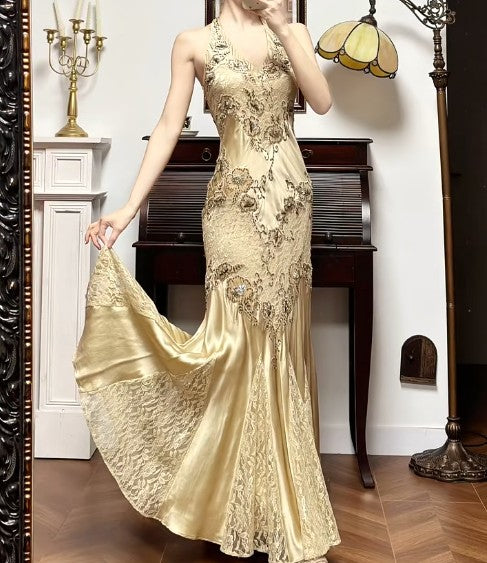 Gold Mermaid Halter Satin Beaded Applique Prom Dress ED01790