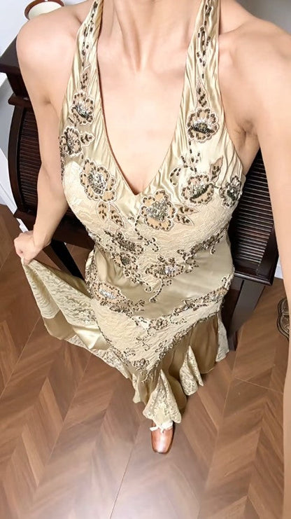 Gold Mermaid Halter Satin Beaded Applique Prom Dress ED01790