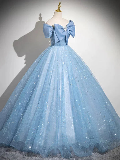 Light Blue A-Line Off Shoulder Tulle Sequins Long Prom Dress Evening Dress ED01792