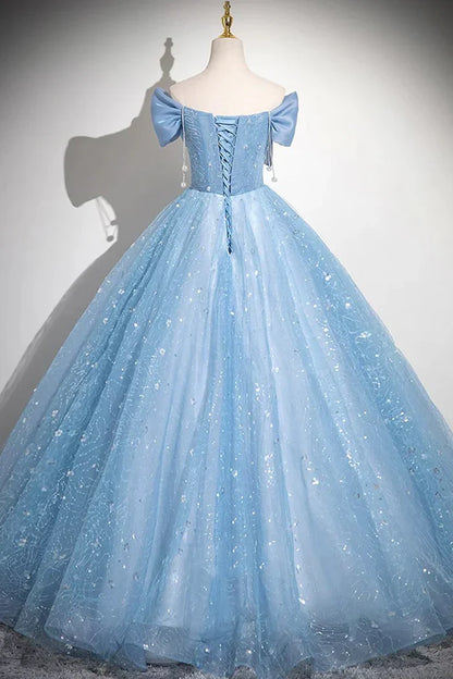 Light Blue A-Line Off Shoulder Tulle Sequins Long Prom Dress Evening Dress ED01792