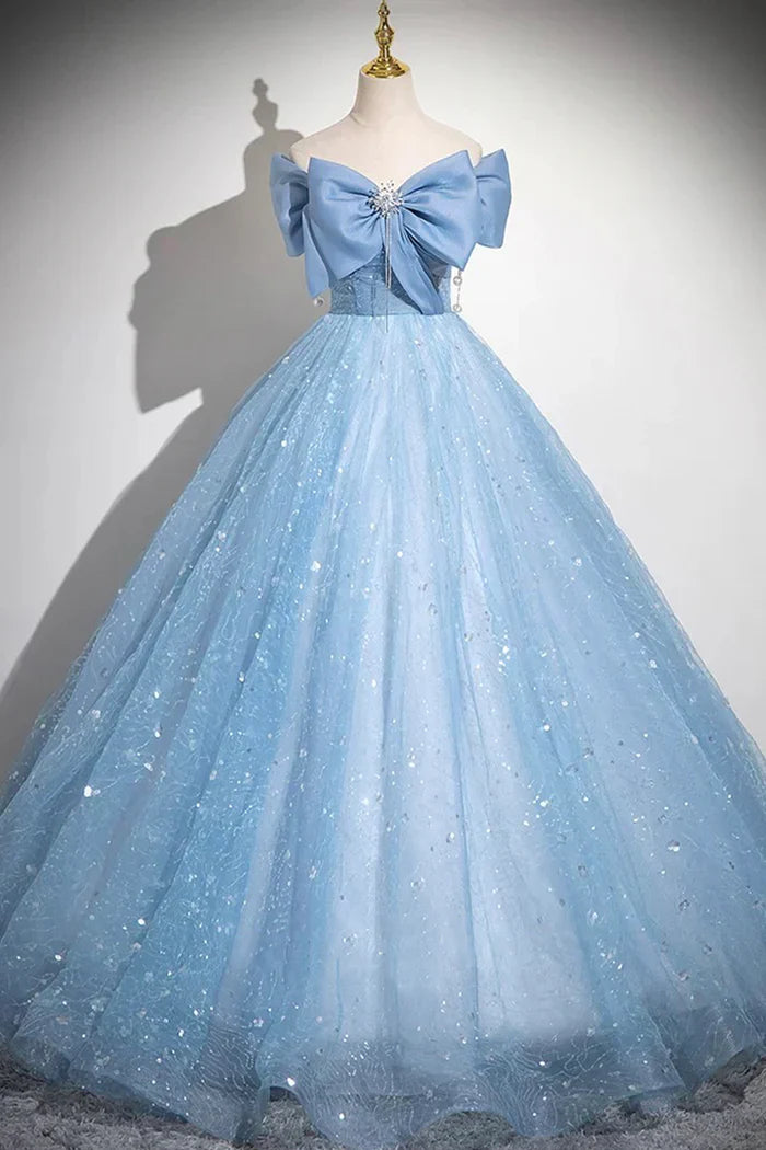 Light Blue A-Line Off Shoulder Tulle Sequins Long Prom Dress Evening Dress ED01792